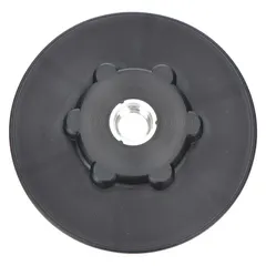 This 3M fiber disc pad hub has a 4 1/2 in diameter and 12 5/16 in height, with a 5/8"-11 thread for mounting on angle grinders. It is black in color and used to support fiber discs for surface blending and finishing in metalworking applications.