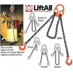 This adjustable-length double-leg chain sling features Grade-100 chain and sling hook type. It is used for overhead lifting and rigging in industrial settings, allowing secure handling of heavy loads with crane and hoist operations.