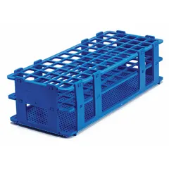 Benchtop test tube rack made of blue polypropylene. Holds up to 40 test tubes. Overall dimensions: 4 1/8 in width, 2 1/2 in height, 9 3/4 in length. Suitable for organizing and storing test tubes in laboratory settings.