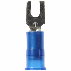 Nylon-insulated block fork terminal for #4 stud size, accepting 16 AWG to 14 AWG wire. Rated 600 V with insulation grip barrel style for strain relief. Suitable for power distribution and control wiring applications.