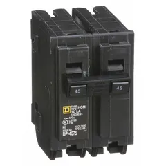The SQUARE D HOM245 is a 45 A, 2-pole miniature circuit breaker from the HOM Series, rated for 120/240V AC single-phase systems. It provides overcurrent protection for branch circuits in residential and light commercial applications. Designed for plug-in installation in Homeline Load Centers, it has a maximum interrupting rating of 10kA at 120/240V AC.