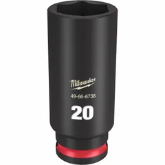 This 3/8" drive deep impact socket features a 20 mm metric, 6-point design with friction retention. The deep profile allows access to recessed fasteners, while the black phosphate finish provides corrosion resistance. Suitable for use with impact wrenches on hex fasteners in industrial and automotive applications.
