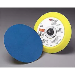 This 3M backing pad has a 6-inch diameter and 3/4-inch thickness, with a 5/16"-24 threaded-shank tool connection. It is a non-vacuum, medium-density type designed for use with pressure-sensitive adhesive (PSA) sanding discs. Suitable for surface finishing, blending, and material removal on metal, wood, and composites in industrial fabrication, automotive repair, and woodworking applications.