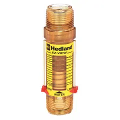This HEDLAND flowmeter is a variable area, inline meter for water, providing direct scale readings in gallons. With an accuracy of +/-5%, it features Buna-N seals and O-rings and supports universal mounting orientation. Suitable for monitoring flow in water lines within industrial systems, cooling circuits, and process equipment.
