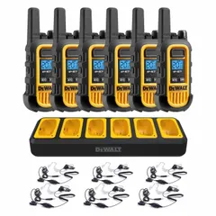 Analog FRS/GMRS handheld radio with 22 channels and 1 watt output. Features an alphanumeric display and operates without an FCC license. Suitable for short-range voice communication on job sites, warehouses, and outdoor work areas.