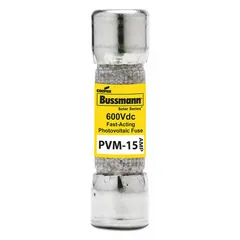 The BUSSMANN PVM-15 is a fast-acting cylindrical fuse rated at 15 A and 600 V DC. It is designed for overcurrent protection in photovoltaic systems, safeguarding wiring and equipment in combiner boxes and inverter circuits.