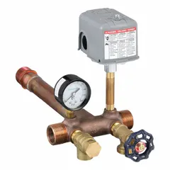 This installation kit connects well water tanks to plumbing systems. It features a brass body with a 1-inch MNPT connection and includes a switch for pressure control. Overall length is 10 inches.