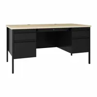 This double pedestal desk features a maple melamine laminate desktop on a black steel frame. It includes two pedestals with four drawers for organized storage and a modesty panel. Suitable for office or administrative workstations, providing a flat surface for paperwork and light equipment