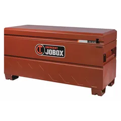 This chest-style jobsite box offers 21 cubic feet of storage capacity with dimensions of 24 inches wide by 60 inches deep by 30 3/4 inches high. It features a padlock hasp for user-supplied locking and is finished in brown. Suitable for secure storage of tools and equipment at construction sites, industrial facilities, and workshops.