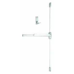 Surface vertical rod exit device with touchbar and dummy pull, finished in chrome. Designed for doors up to 3 ft wide, providing push-pad actuated egress for commercial applications.