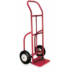 This hand truck features a steel frame with a red finish and a flow-back handle for maneuverability. It is equipped with semipneumatic 10-inch wheels suitable for various surfaces. Typical applications include moving loads in warehouses, factories, and delivery settings.