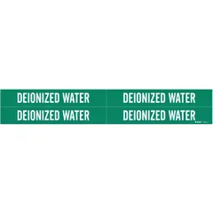 Green adhesive pipe marker with white legend reading 'Deionized Water'. Fits pipe outer diameters from 3/4 to 2-3/8 inches. Pack of 4 markers without arrows. Used to label deionized water lines in industrial piping systems.