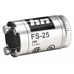 Fluorescent light starter with 2 pins, rated for lamps up to 25 W. Type FS-25. Used to initiate the arc in compatible fluorescent lighting fixtures.