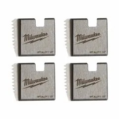 Set of four alloy steel dies for cutting 1-1/2 in NPT right-hand threads on pipe and IMC conduit. Designed for use with Wheeler Rex 12R style die heads. Commonly employed in plumbing, electrical conduit, and industrial piping applications.