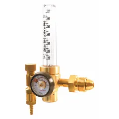 This flowmeter regulator combines pressure regulation and flow measurement in a single unit for argon gas. It features a CGA 580 inlet connection and a 5/8"-18 female right-hand outlet. Used in welding and cutting systems to control and monitor gas flow.