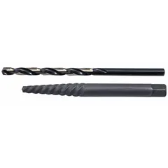 This 2-piece set includes a #3 spiral-flute extractor with a capacity of 5/16 in to 7/16 in and a 5/32 in drill bit. The extractor is designed for removing broken or stripped screws from metal, wood, or plastic. The drill bit pre-drills a pilot hole for the extractor.