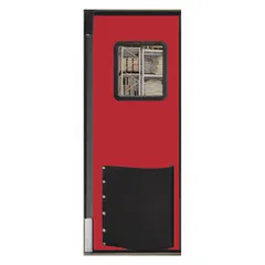 Red textured polyethylene insulated swinging door with one door measuring 7 ft high by 2 1/2 ft wide. Includes a polycarbonate window, door seals, bumpers, and mounting hardware. Meets USDA standards. Suitable for temperature-controlled and washdown environments in food processing, cold storage, and industrial facilities.