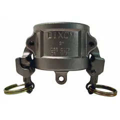 This dust cap is designed to protect cam and groove couplings from dirt, debris, and damage when not in use. It features a 316 stainless steel body, a nitrile gasket, and includes a locking arm. Maximum working pressure is 75 psi at 70°F, with an overall length of 3 3/4 inches. Suitable for industrial fluid transfer systems.