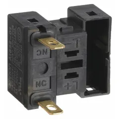 Momentary contact block with 1NC configuration, part of the A165E series. Features screw terminals for secure wiring. Used in industrial control panels and automation systems as a replacement or spare component for compatible switches.