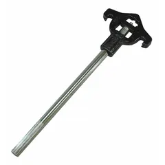 This adjustable fire hydrant wrench is designed for use on Navy Slot, Pin, and Rocker fittings. It features a plated steel handle and an overall length of 18 inches. The adjustable jaw fits all nut sizes from 1/4 to 4-1/2 inch lugs, making it suitable for operating fire hydrants in emergency and maintenance applications.