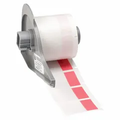 Red matte vinyl wraparound label measuring 1 1/2 in x 1 in, designed for wire gauges from 10 AWG to 4 AWG. Compatible with BMP71 printer series and requires M7-R4400-WT ribbon. Used for permanent identification of wires in electrical panels, machinery, and facility maintenance.