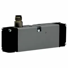 Four-way, three-position solenoid air control valve with double solenoid, exhaust center, internal pilot, and solenoid return. Operates on 24V DC. Used in pneumatic circuits to control double-acting cylinders and other actuators in industrial automation and material handling.