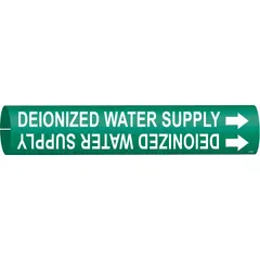This snap-on pipe marker identifies deionized water supply lines. It features a green background with white legend text and includes directional arrows. Designed to fit pipes with outer diameters of 4 to 6 inches. Suitable for use in industrial piping systems where clear identification of deionized water lines is required.