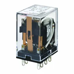 Socket-mounted latching relay from the MY Series with DPDT contact configuration, 48V DC coil, and 3 A current rating. Features a square base with flat pins and plug-in electrical connection. Suitable for industrial control circuits requiring maintained state after power loss, such as memory circuits and remote switching.