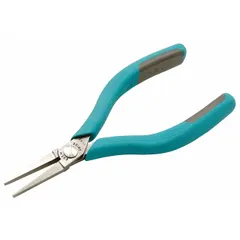 Flat-nose pliers with 1 3/8 in jaw length and 0 in tip width, offering a maximum jaw opening of 1/2 in. Overall length is 5 3/4 in. ESD-safe construction protects sensitive components during precision gripping, bending, and forming in electronics assembly and repair.