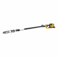 This battery-powered pole saw operates on a 60 V, 9.0 Ah battery system for cordless trimming. With a 140-inch reach, it allows cutting overhead branches from the ground. Suitable for landscaping and property maintenance tasks requiring extended reach.