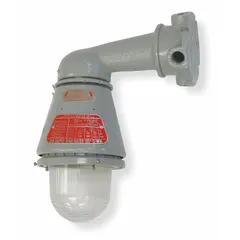 Wall-mount hazardous location light rated 300W at 120V AC. Bulb-dependent jelly jar design with T3C temperature code. Suitable for Class I, Division 1 and 2, Groups C and D environments where flammable gases or vapors may be present. No emergency battery backup.