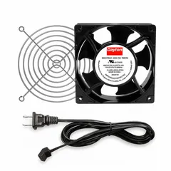 Standard square axial fan kit with polycarbonate blade delivering 60 to 64 cfm airflow at 0.000 in static pressure. Measures 4-3/4 inches in height and 1-1/2 inches in depth. Includes cord set with NEMA 1-15 plug. Features terminals and IP20 rating. Suitable for cooling and ventilating electronic enclosures, control panels, and small equipment in indoor applications.