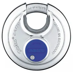 This ABUS Diskus 24IB padlock features a stainless steel body and covered shackle in an unfinished silver finish. It is master keyed and designed for outdoor and industrial applications requiring corrosion resistance. The covered shackle provides protection against weather, cutting, and prying.