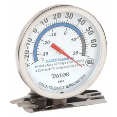 Analog thermometer with 2-3/4 in diameter dial and 1 in overall length. Stainless steel case with glass lens. Accuracy ±2°F. HACCP color-coded markings for food service temperature monitoring. NSF certified. Suitable for use in commercial refrigerators and freezers to verify safe temperature zones.