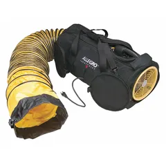 This axial blower and ducting combination unit operates on 115 V AC with 1/4 hp. It features an 8-inch duct diameter and is finished in black and yellow. Typical applications include ventilating confined spaces such as tanks, vaults, and manholes to supply fresh air and remove fumes, dust, or heat.