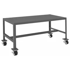 This fully assembled steel-top worktable features a welded frame with powder-coated finish and four swivel locking casters with phenolic wheels. The fixed-height table provides a 48 in x 24 in work surface with a 2000 lb overall load capacity. Suitable for industrial workshops, assembly lines, and maintenance areas requiring a heavy-duty mobile work surface.