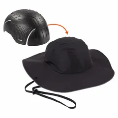 Black solid polyethylene bump cap insert with rear sliding buckle and head protection venting. Designed for low-clearance areas to protect against minor bumps and scrapes in industrial environments such as warehouses, assembly lines, and maintenance zones.
