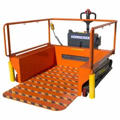 This fully-powered scissor-lift table features a steel platform measuring 75 inches long by 47 inches wide and a hydraulic lifting mechanism. It has a load capacity of 1500 lb and is powered by a sealed lead acid battery. Typical applications include positioning workpieces or materials at ergonomic heights in warehouses, assembly lines, and maintenance shops.