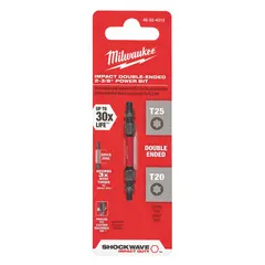 This impact Torx bit is made from alloy steel and features a hex shank for secure retention in impact drivers. With a T20/T25 dual-size tip and standard tip style, it is suited for driving Torx fasteners in assembly and maintenance tasks. The 2-inch overall length provides reach in confined spaces.