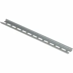 Steel mounting channel for terminal blocks, 2 m overall length, 10 mm overall height. NEMA type, compliant with DIN 46277-3. Used to mount terminal blocks in control panels and electrical enclosures.