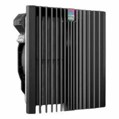 Plastic-housed axial fan with IP56 rating, suitable for cooling electrical enclosures in industrial environments where dust and water jets are present. Includes a pleated filter to reduce particulate ingress. Dimensions: 12 11/16 in height, 6 5/16 in depth.