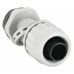 This nylon liquid-tight conduit fitting accepts Flexible Liquid Tight Non-Metallic Type B conduit and adjusts from 0° to 90° for routing flexibility. It features a 1/2 in MNPT connection and is certified to UL 514B. Suitable for industrial electrical installations requiring a watertight seal.