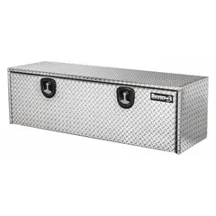 This single drop-down door box from BUYERS PRODUCTS is designed for underbody mounting on trucks, providing secure storage for tools and equipment. It features a silver finish and a keyed lock to protect contents during transport. Suitable for contractors, fleet maintenance, and field service applications.