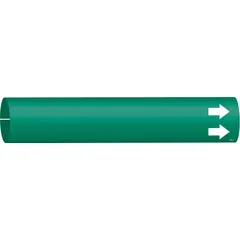 Blank snap-on pipe marker with green background and white legend. Fits pipe O.D. from 3/4 to 1-3/8 in. Includes arrows for flow direction. Used for identifying pipe contents and flow direction in industrial piping systems.