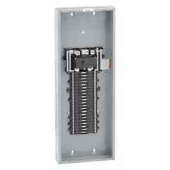 200A main breaker load center for 120/240V AC, 1-phase systems. 42 spaces, 22kA short circuit current rating. Plug-on neutral, convertible design. Indoor use only. Enclosure cover ordered separately.