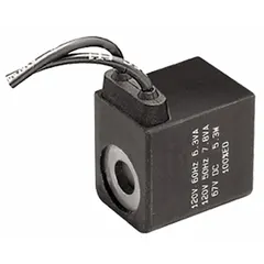 12VDC solenoid coil with 22 mm coil size, molded wires, and leads included. IP65 rated for protection against dust and water jets. Operating temperature range 14°F to 122°F. Used to actuate Parker solenoid-operated inline air control valves in pneumatic systems.