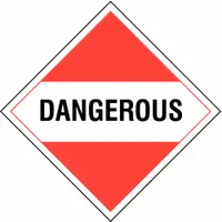 This 10 3/4 x 10 3/4 in placard displays the message 'Dangerous' for identifying hazardous materials. Used on containers during transport, storage, and handling to comply with DOT shipping regulations