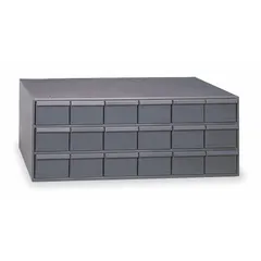 This modular steel drawer cabinet is assembled and finished in gray powder coat. It includes 18 steel drawers with inside dimensions of 5-7/16 in x 17-1/8 in x 3-3/4 in, each supplied with dividers. The stackable design allows vertical expansion for organizing small parts in workshops or assembly areas.