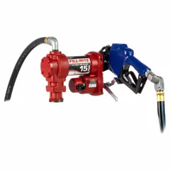 This 12 V DC bung-mount fuel transfer pump is powered by a 1/4 hp motor and delivers a maximum flow rate of 15 gpm. It includes a hose and nozzle for dispensing diesel, gasoline, and other non-flammable liquids from drums or tanks. Suitable for portable fuel transfer in agricultural, construction, and fleet maintenance settings. Meter not included.