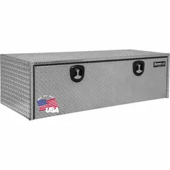 This single drop-down door box from BUYERS PRODUCTS provides secure underbody storage for vehicles. It features a silver finish, keyed lock, and 18-inch overall depth. Suitable for organizing tools and equipment in fleet and maintenance applications.